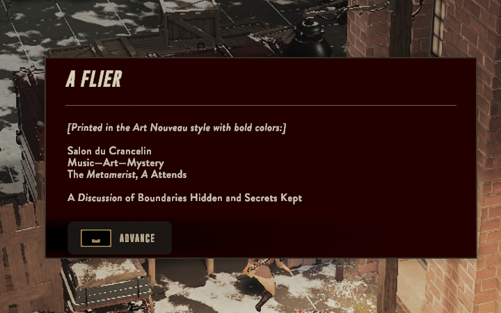 A FLIER
[Printed in the Art Nouveau style with bold colors:]

Salon du Crancelin
Music—Art—Mystery
The Metamerist, A Attends

A Discussion of Boundaries Hidden and Secrets Kept